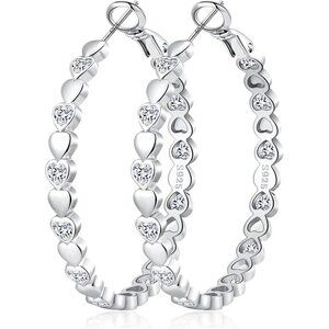 925 Silver-30mm Heart Cubic Zirconia Large Rhinestone Hoop Earrings for Womens
